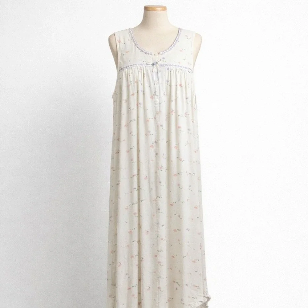 Vintage 90s Floral Lace Trim Sleeveless Nightgown Size S Cottagecore Button Twee